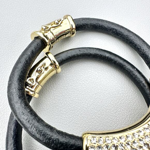 Joan Boyce Set 2 Black Leather Gold Pave Rhinestone Love Barrel-Rolled Bracelets - Picture 6 of 7